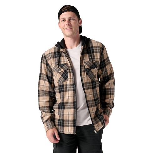 Wearfirst Men's Shearling Fleece Lined Gray Plaid Flannel Hoodie