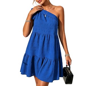 One Shoulder Tiered Smocked Mini Dress with Bow Detail for Women Blue M :  Target