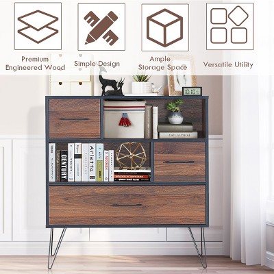 Walnut Multipurpose Sideboard Storage Cabinet with Metal Legs and Drawers