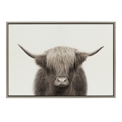 Gray Highland Cow Print on Canvas with Polystyrene Frame