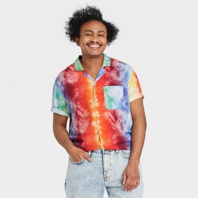 Pride Gender Inclusive Adult Tie-Dye Rainbow Button-Down Camp Shirt - XS