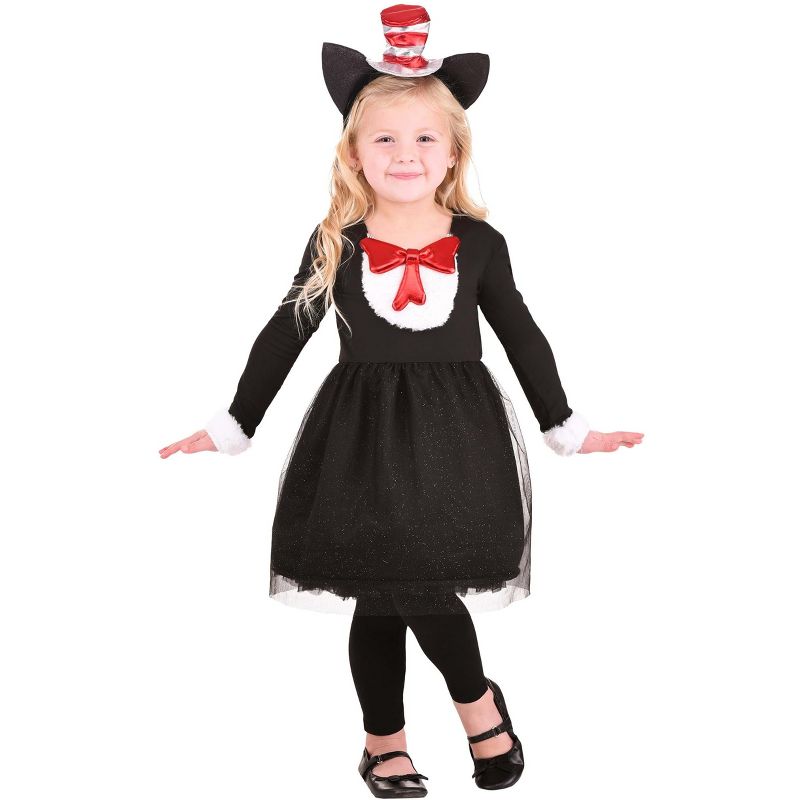 HalloweenCostumes.com 4T Girl Dr. Seuss The Cat in the Hat Costume for Toddler Girls., Black/Red/White, 1 of 8