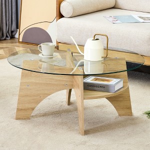 Glass Coffee Table Round Cocktail Table Oval Center Table Accent Table Sofa Table with Diagonal Fan-shaped Tray Leg, Walnut/Natural-ModernLuxe - 1 of 4