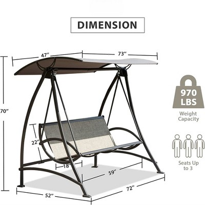 Outdoor 3-Seat Dark Brown Steel Patio Swing with Weather Resistant Canopy