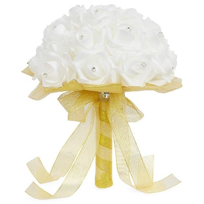 Sparkle and Bash Artificial White & Gold Rose Flowers Wedding Hand Bouquet with Rhinestones (9 x 12 in.)