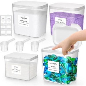 Laundry Pods Container & Dryer Sheet Holder Set with Pop-Up Lids, Detergent Dispenser Jars Includes Labels and Scoop - 1 of 4