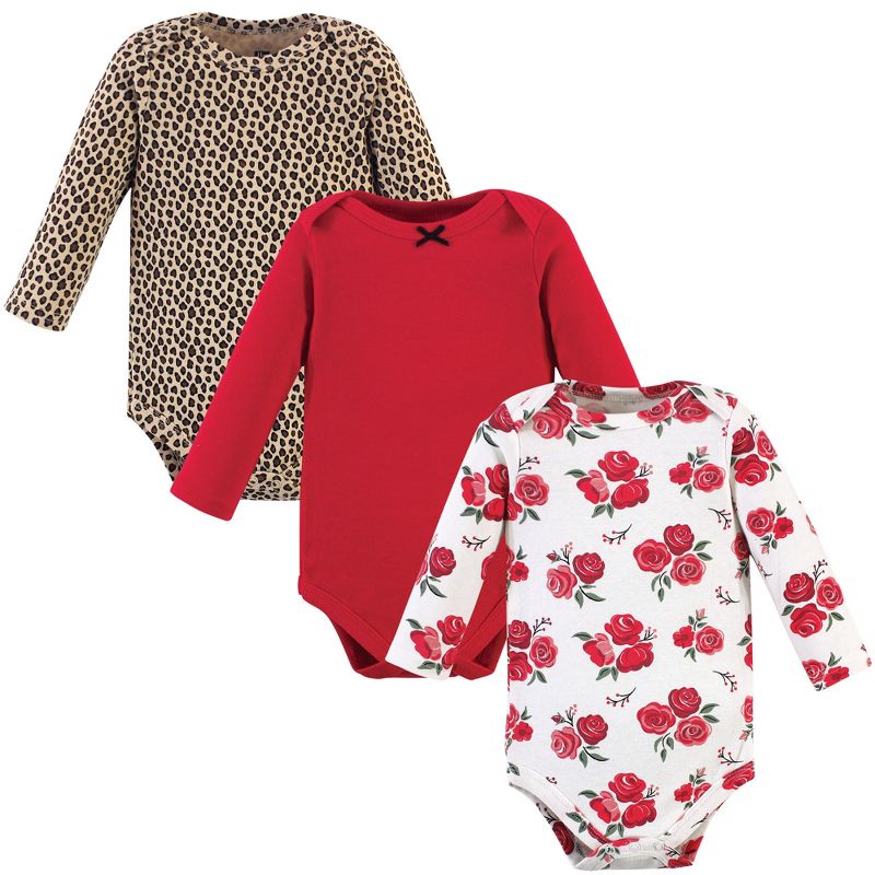 Hudson Baby Infant Girl Cotton Long-Sleeve Bodysuits 3pk, Basic Rose Leopard, 1 of 4
