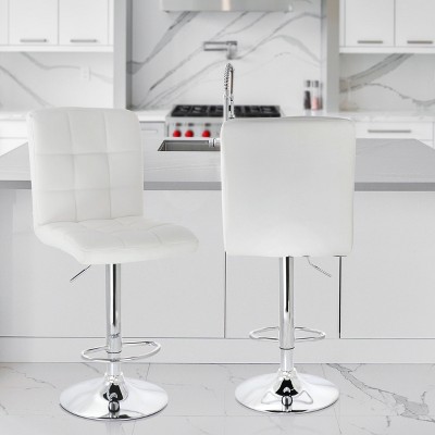 Elama White Square Tufted Faux Leather Adjustable Swivel Bar Stool