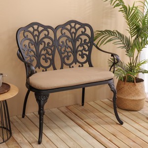 Outdoor Garden Bench with Floral Backrest Patio Park Bench with Cushion Decorative Metal Seating for Porch Lawn or Yard Outdoor Furniture-The Pop Home - 1 of 4