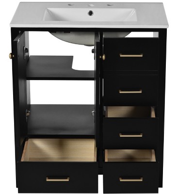 30'' Black Solid Wood Freestanding Bathroom Vanity with Resin Sink