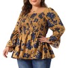 Agnes Orinda Women's Plus Size Floral Printed Smocked Square Neck Ruffle Long Sleeve Peplum Shirts - 2 of 4