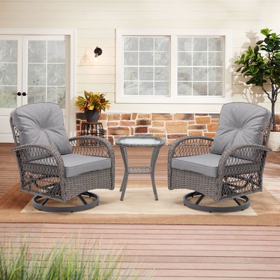3pcs Outdoor Rattan Chat Furniture Set Swivel Rocking Chairs Set,  Patio Garden Seating Group Conversation Set -ModernLuxe