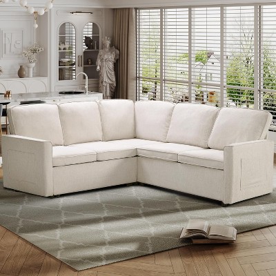Vipbear Large L Shaped Sectional Sofa with Pull Out Bed,78'' Premium Linen Modular Sectional Couch,Convertible Sleeper Sofa Bed - Beige/Gray/Green
