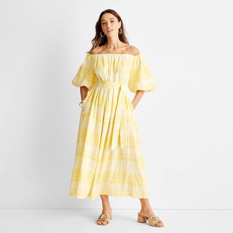 Women's Floral Print Off the Shoulder Puff Sleeve Midi Dress - Future Collective™ with Jenny K. Lopez Yellow, 1 of 8