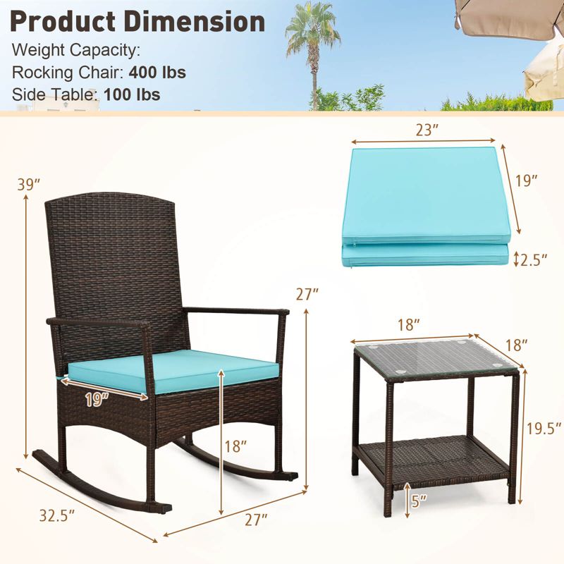 Costway 3 Piece Patio Rocking Set Wicker Rocking Chairs with 2-Tier Coffee Table Turquoise/Off White, 3 of 11