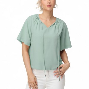 Anna-Kaci Women's Short Sleeve V-Neck Blouse with Gathered Shoulder Detail and Long Neck Tie Accent - 1 of 4