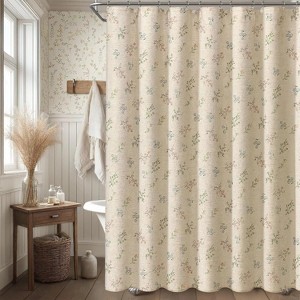 LunaLulinlk Beige Linen Shower Curtain Floral Vintage French Country Shower Curtain - 1 of 4
