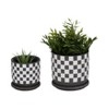 Set of 2 Ceramic Saucer Planters with Drainage Tray - Ceramic, Checkered Pattern, Modern Decorative Pots for Home & Garden - 6", 5" Brown & Black - 3 of 4