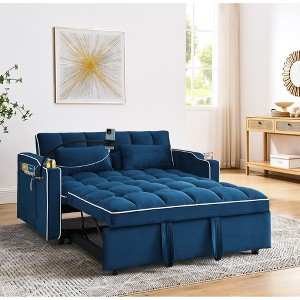 55.51'' Velvet Foldable Modern Pull-Out Sofa Bed with Adjustable Back, USB Port, Ashtray, and Swivel Phone Stand - 1 of 4