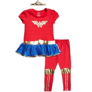 DC Comics Justice League Girls Costume Dress, Dress Leggings and Headband 3 Piece Set - 1 of 4