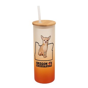 Elanze Designs The Beaver State Oregon Loves Chihuahuas Orange and White Ombre Frosted Glass Travel Tumbler with Straw and Wooden Lid, 25 Ounce - 1 of 4
