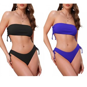 INSPIRE CHIC Women's Bandeau Drawstring Side Tie Ribbed Strapless Top Triangle Bottom Swimwear Bathing Bikini Suits 2 Sets - 1 of 4