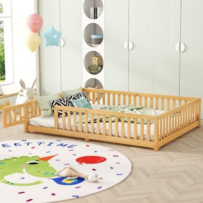 Sapphtopaz Bed Frame Pine Wood Floor Bed with Safety Guardrails and Door for Kids Apartment Space Saver Bedroom Furniture, Easy Assembly