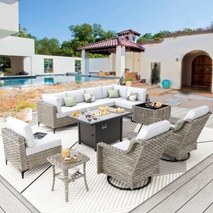 XIZZI 11-Piece Furniture Set with Rectangular Fire Pit Table, Sectional Sofa and Swivel Rocking Chairs, Furniture Set with Solar Coffee Table - 1 of 4