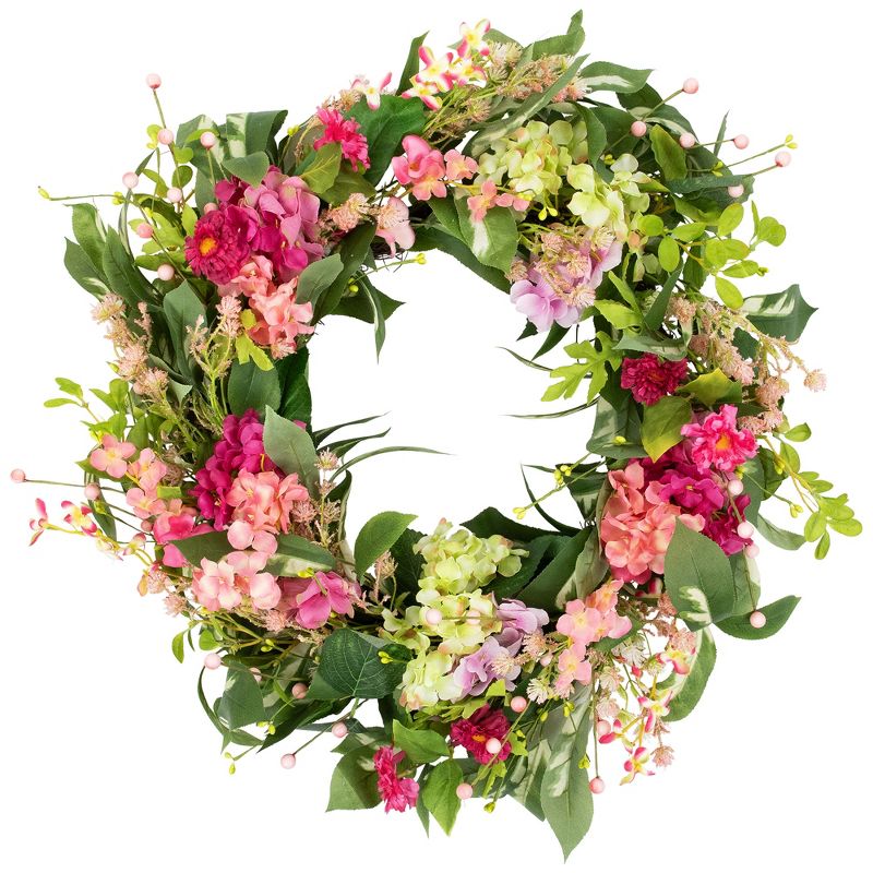 Northlight Leafy Hydrangea Floral Spring Wreath - 24" - Pink, 1 of 7