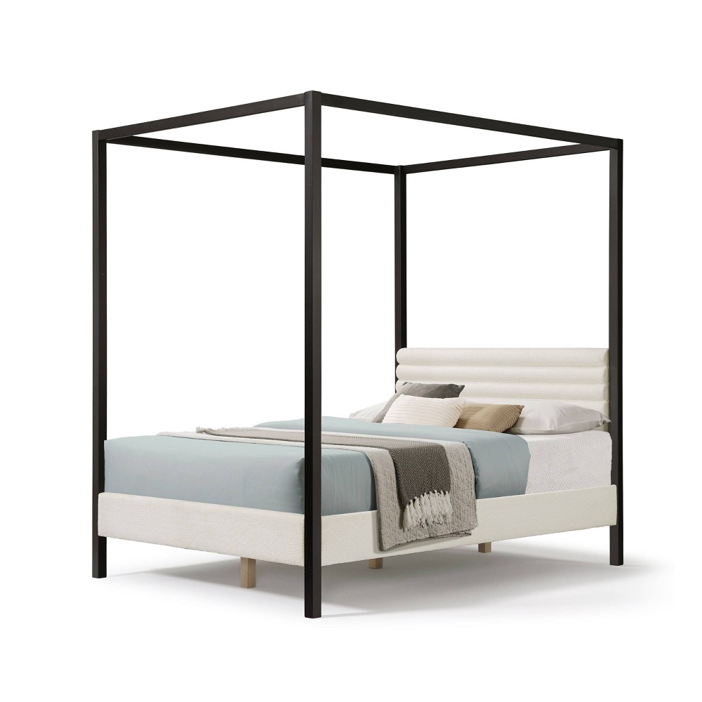HOMES: Inside + Out Queen Aquis Canopy Platform Bed with Boucle Upholstered Headboard White