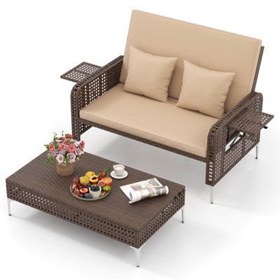 Costway 2 PCS Wicker Loveseat & Storage Ottoman with  4-Level Backrest & Soft Cushion Brown/Navy