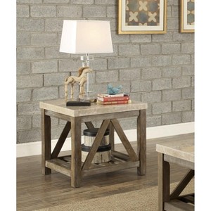 Industrial Style Angled Support 1pc End Table with Bottom Shelf Marble Top Creamy White Wooden Living Room Furniture Side Table - 1 of 4
