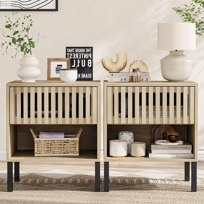 Angel Sar Modern Night Stand Set 2, Wood Bedside Table with Fluted Design, Vertical Grid Drawer, Open Storage Space & Metal Legs, Wood