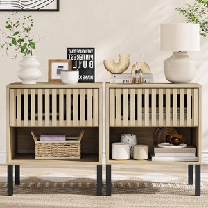 Angel Sar Modern Night Stand Set 2, Wood Bedside Table with Fluted Design, Vertical Grid Drawer, Open Storage Space & Metal Legs, Wood - 1 of 4
