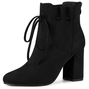 Allegra K Women's Lace Up Round Toe Drawstring Block Heel Ankle Boots - 1 of 4