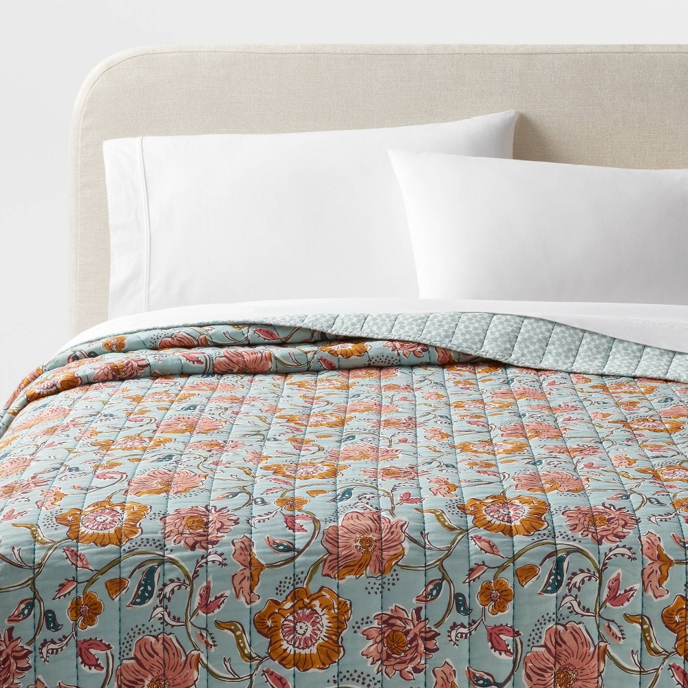 Photos - Bed Linen Full/Queen Earthy Vines Quilt Light Teal Blue/Mustard Yellow/Light Pink Fl