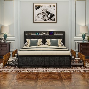 VECELO Rustic Brown Metal Queen Size Bed Frame, Platform Bed with Upholstered Headboard, USB Port & 4-Rolling Storage Drawers - 1 of 4