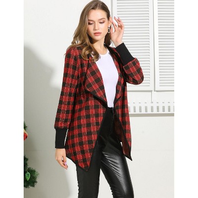 Allegra K Women's Lapel Collar Open Front Long Sleeve Plaid Cardigan Coat Red Large — фото 2