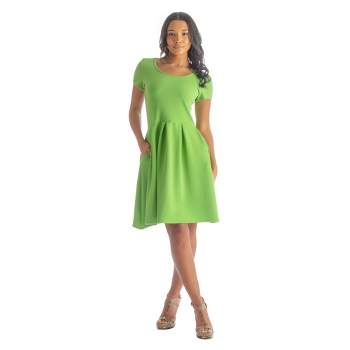 Womens Scoop-Neck Kne -Length Hemline And Pleated Pockets Dress