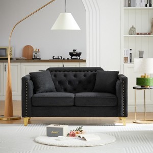 VASIP Mid-Century Modern Sofa -Black Chenille Upholstered Pull Buckle Design Living Room Couch with Buttons Tufted - 1 of 4
