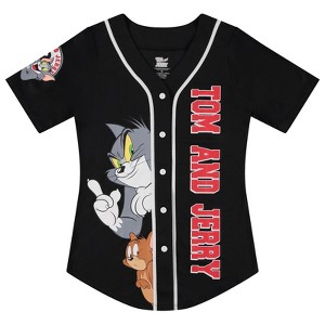 Ladies Tom and Jerry Shirt - Ladies Classic Tom and Jerry Cartoon Mesh Button Down Baseball Jersey - Hanna Barbera Tom and Jerry Mesh Jersey - 1 of 4