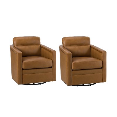 Set of 2 Eulalia 28.74''Wooden Upholstery Wide Genuine Leather Swivel Chair with Swivel Metal Base and  Squared Arms | ARTFUL LIVING DESIGN