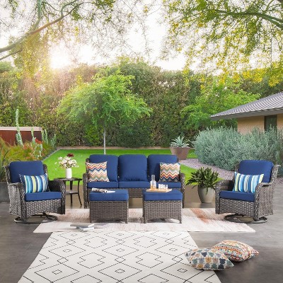 XIZZI Wicker Patio Furniture Set with 3-Seat Sofa, Swivel Rocking Armchairs & Ottomans & Side Table, Modular Sectional Outdoor Conversation Sofa Set