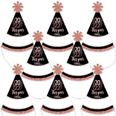 Big Dot of Happiness Rose Gold Happy New Year - Mini Cone 2022 New Year's Eve Party Resolution Party Hats - Small Little Party Hats - Set of 8