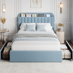 Twin Bed Frame with Storage Headboard, Kids Bed Frame with 2 Drawers, Boucle Upholstered Platform Bed with Bookcase, No Box Spring Needed - 1 of 4