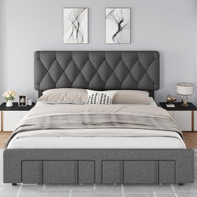 Upholstered Platform Bed Frame with Storage Drawers, Mattress Foundation with Solid Wooden Slats