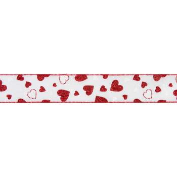 Northlight White and Red Glitter Hearts Valentine's Day Wired Craft Ribbon 2.5" x 10 Yards