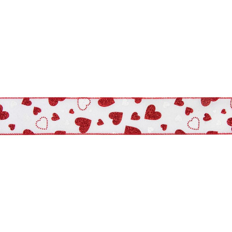 Northlight White and Red Glitter Hearts Valentine's Day Wired Craft Ribbon 2.5" x 10 Yards, 1 of 4