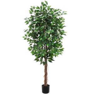 Artificial Ficus Tree, Lush Faux Plant with Black Pot, 2-Trunk Fake Indoor Outdoor Decor - 1 of 4