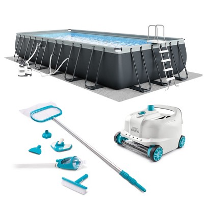 Intex Rectangular Ultra XTR Frame Swimming Pool w/Pump, Cleaner Robot Vacuum w/ 21 Ft Hose and Above Ground Pool Maintenance Kit for 800 GPH